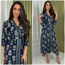V Neck Print Tie Belt Button Split Dress