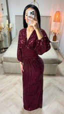 V Neck Sequin Dress Maxi Waist Detail