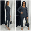 V Neck Thin Ribbed Wide Leg Musthave Set