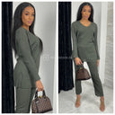 V Neck Thin Ribbed Wide Leg Musthave Set