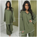 White Embroidery V Neck Collar Wide Leg Set