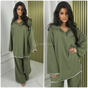 White Embroidery V Neck Collar Wide Leg Set
