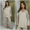 White Embroidery V Neck Collar Wide Leg Set