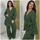 Wrap Corduroy Tie Belt Wide Leg Set