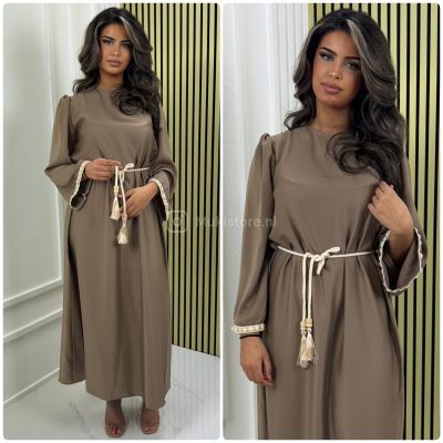 Beautiful Tie Belt Satin Dress Embroidered Sleeves